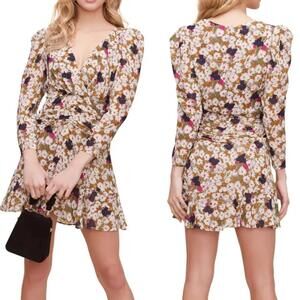 ASTR Olive Floral Ruched Mini Dress Surplice Neck Size S NWT